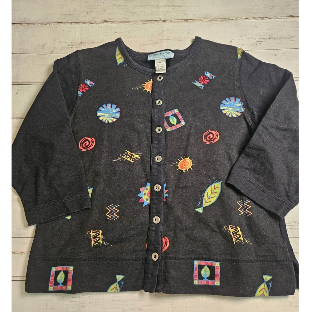 Cotton Couture Petite Black Novelty Print Cotton Cardigan Top Size PL Artsy 80s